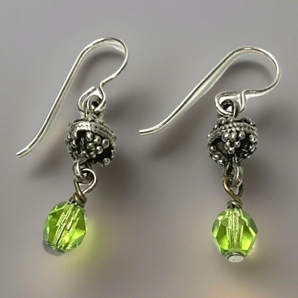 Green Dangle Earrings Faux Peridot Faceted Sterling Silver August Birthstone - Picture 1 of 5